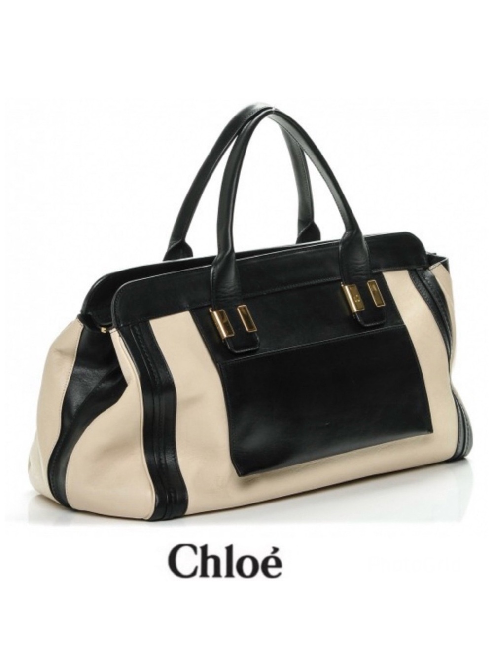 CHLOE Alicia Black Cream Leather Gold Hardware Extra Large Duffel Tote Satchel